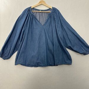 Old Navy Chambray Top Womens 3X Blue Denim Heavy Cotton LS Pleated Coastal